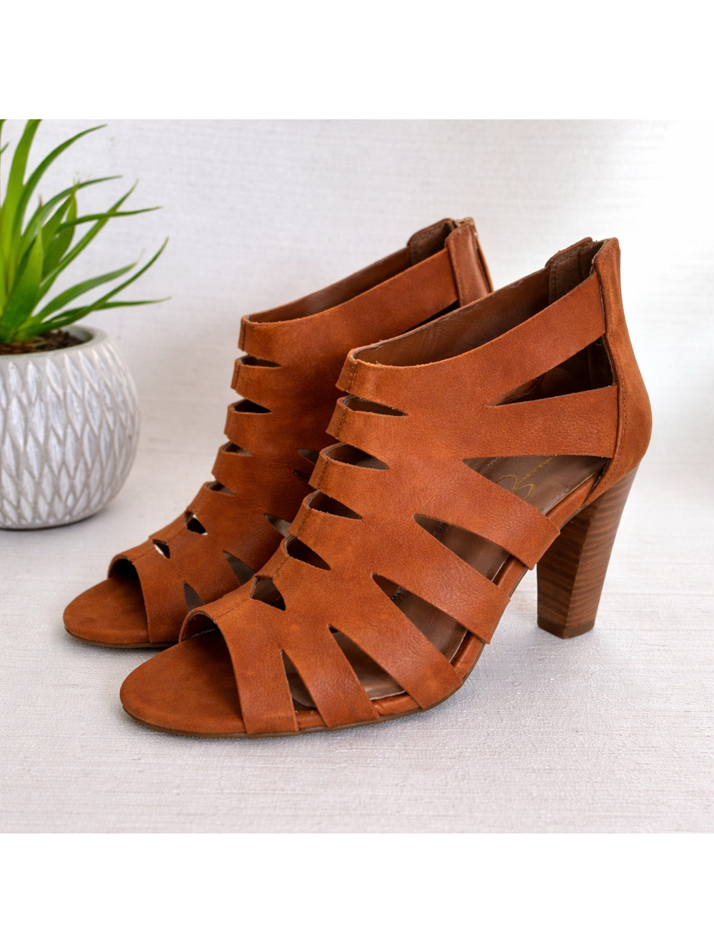 Women's Jessica Simpson Adelli Brown Leather Peep Toe Sandals Heels | Size 7.5